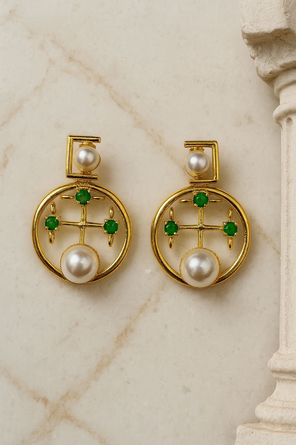 Green Stone Pearl Circular Studs