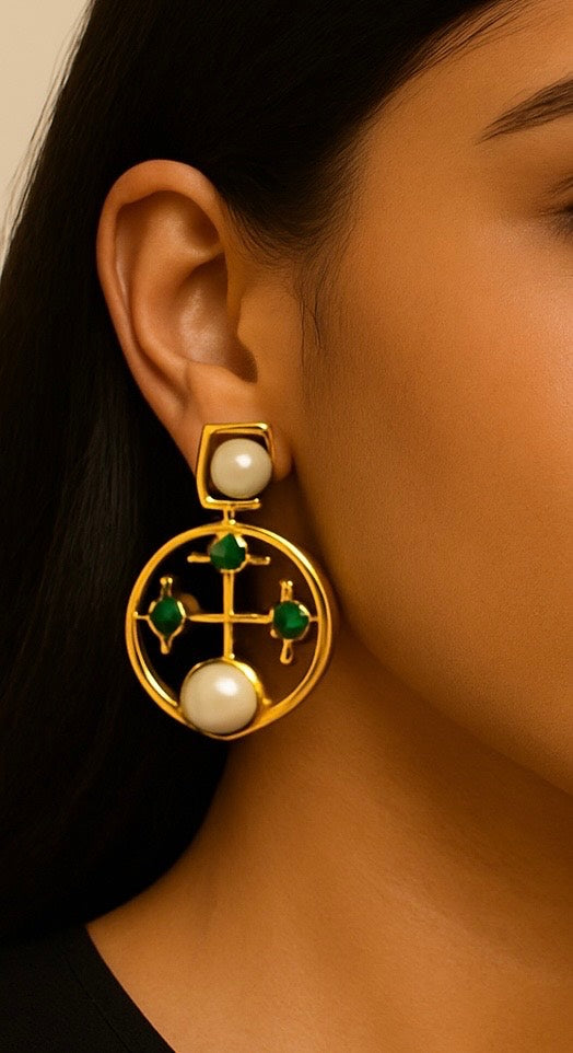 Green Stone Pearl Circular Studs