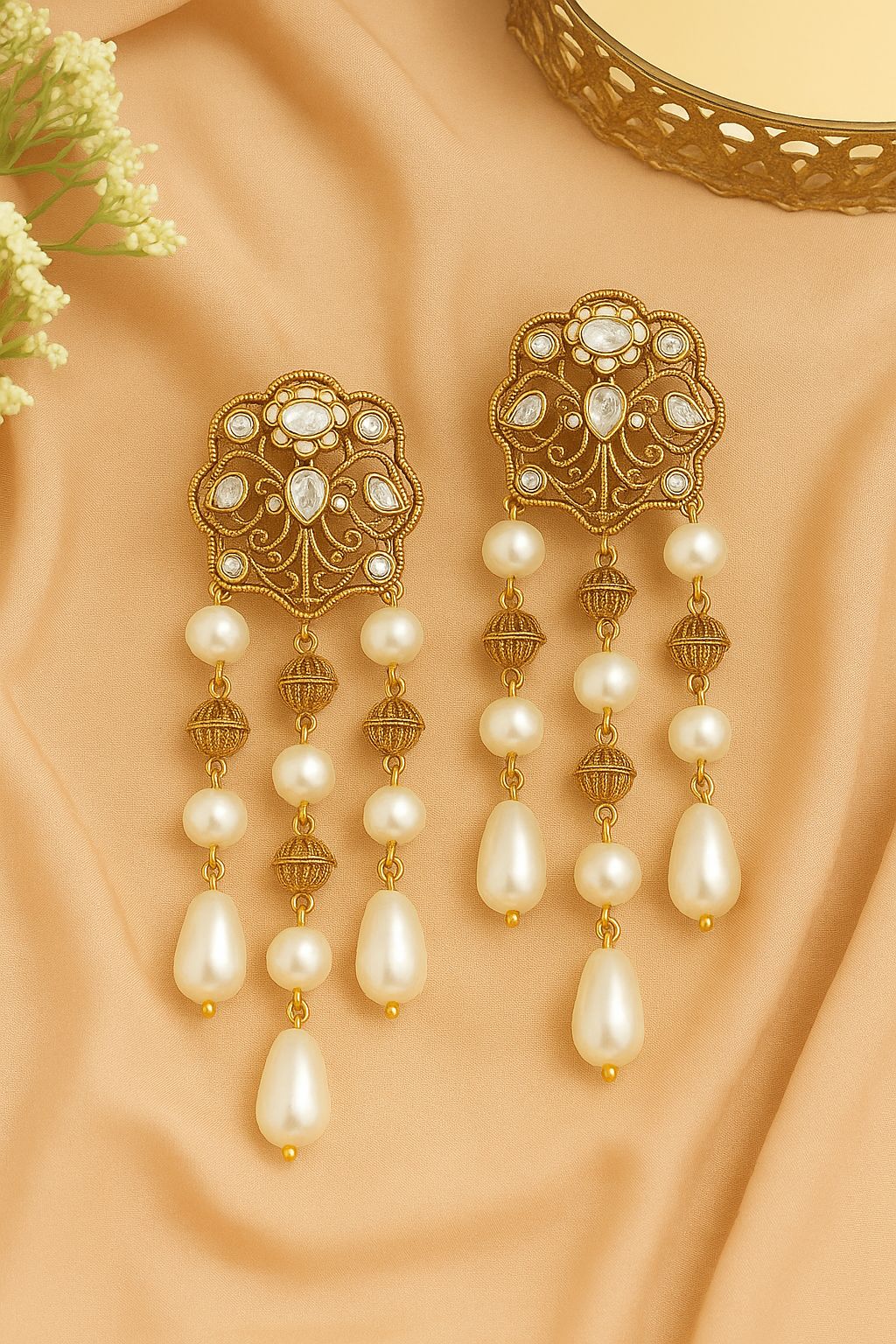 Cutwork Pearl Tassel Danglers