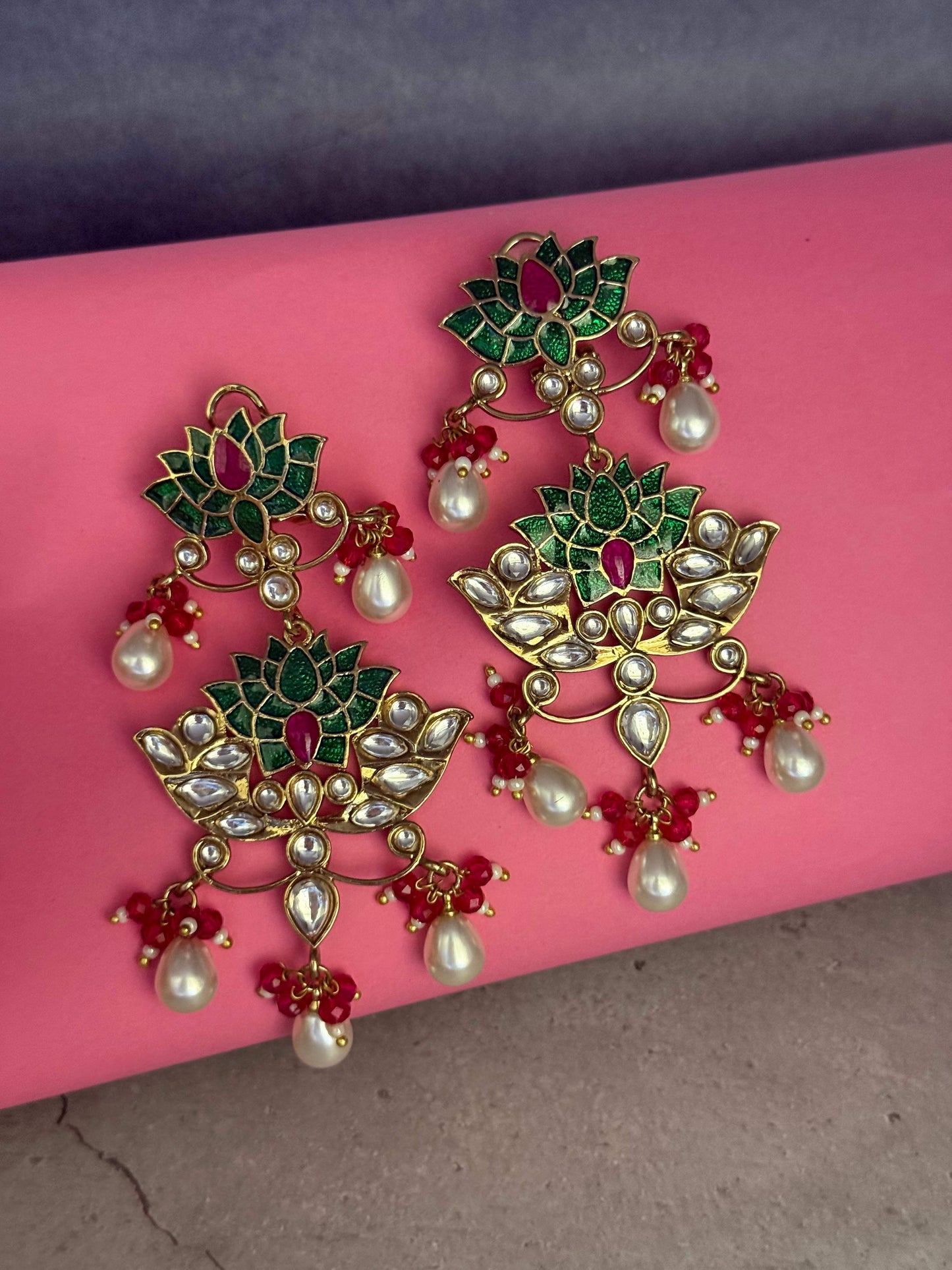 Green Meena Lotus Earrings
