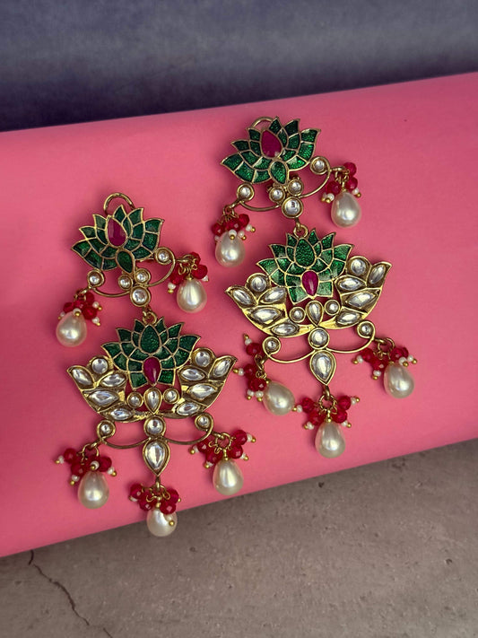 Green Meena Lotus Earrings