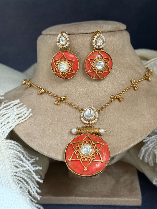 Orange Miraya Pendant Necklace Set