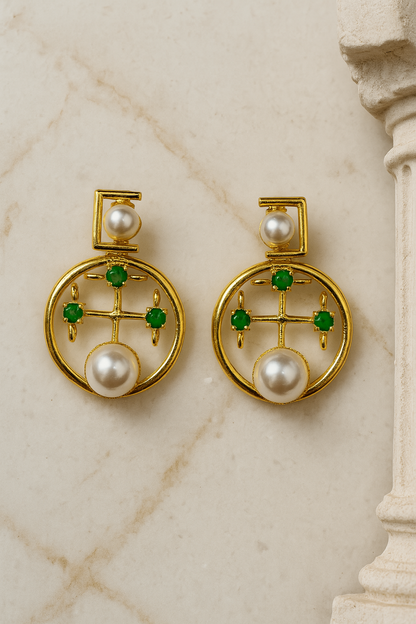 Green Stone Pearl Circular Studs