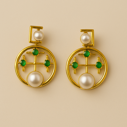 Green Stone Pearl Circular Studs