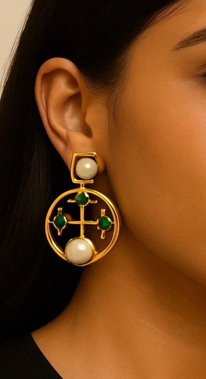 Green Stone Pearl Circular Studs